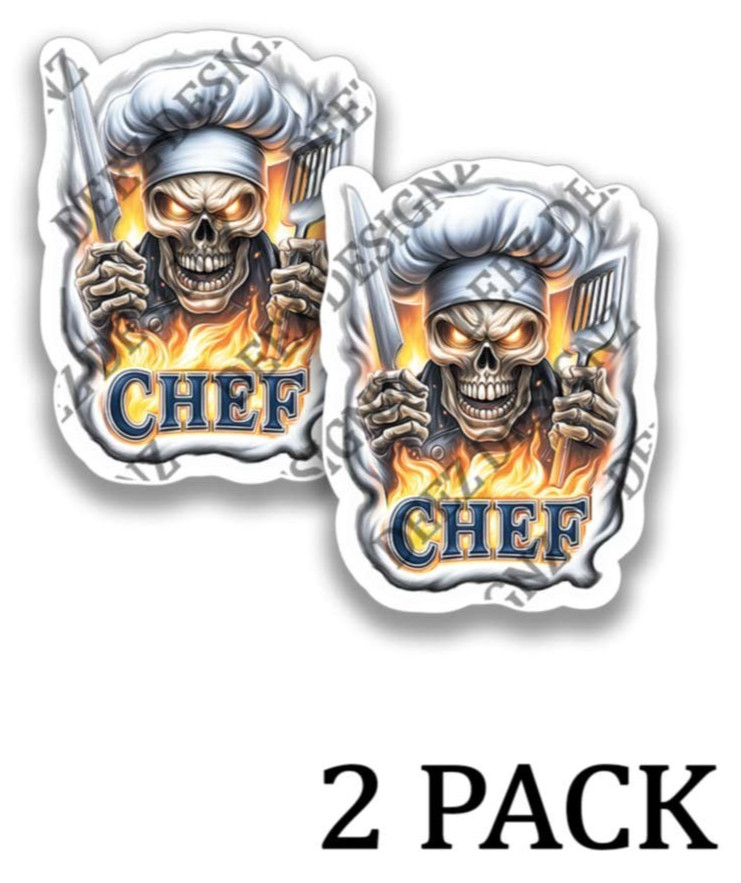 Broiler Chef Skull Kitchen Toolbox Stickers Ready to Grill Adhesive Vinyl Decals