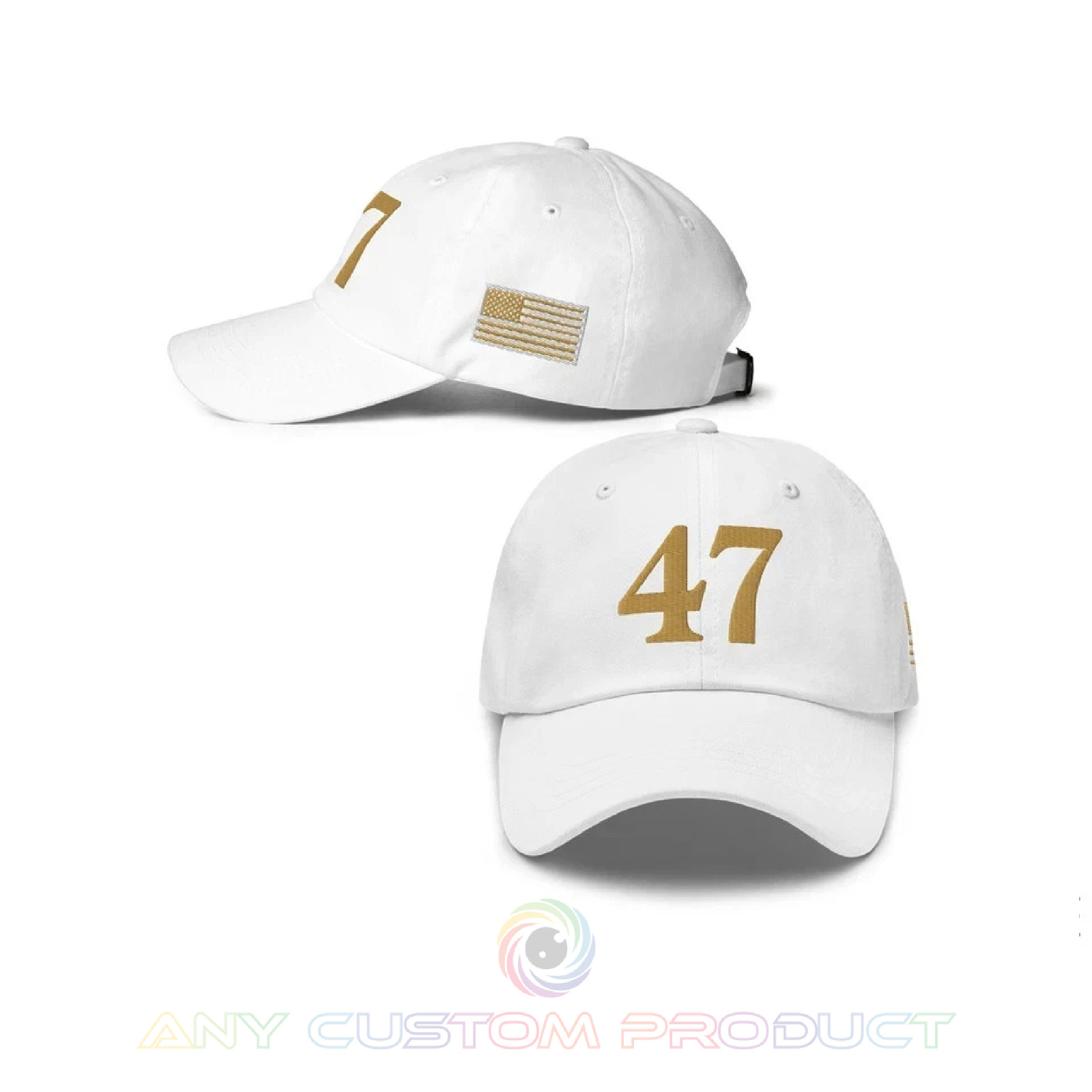 47 Hat Charlie Kirk Gold White Dad Hat Trump Low Profile Hat Gold Printed – USA