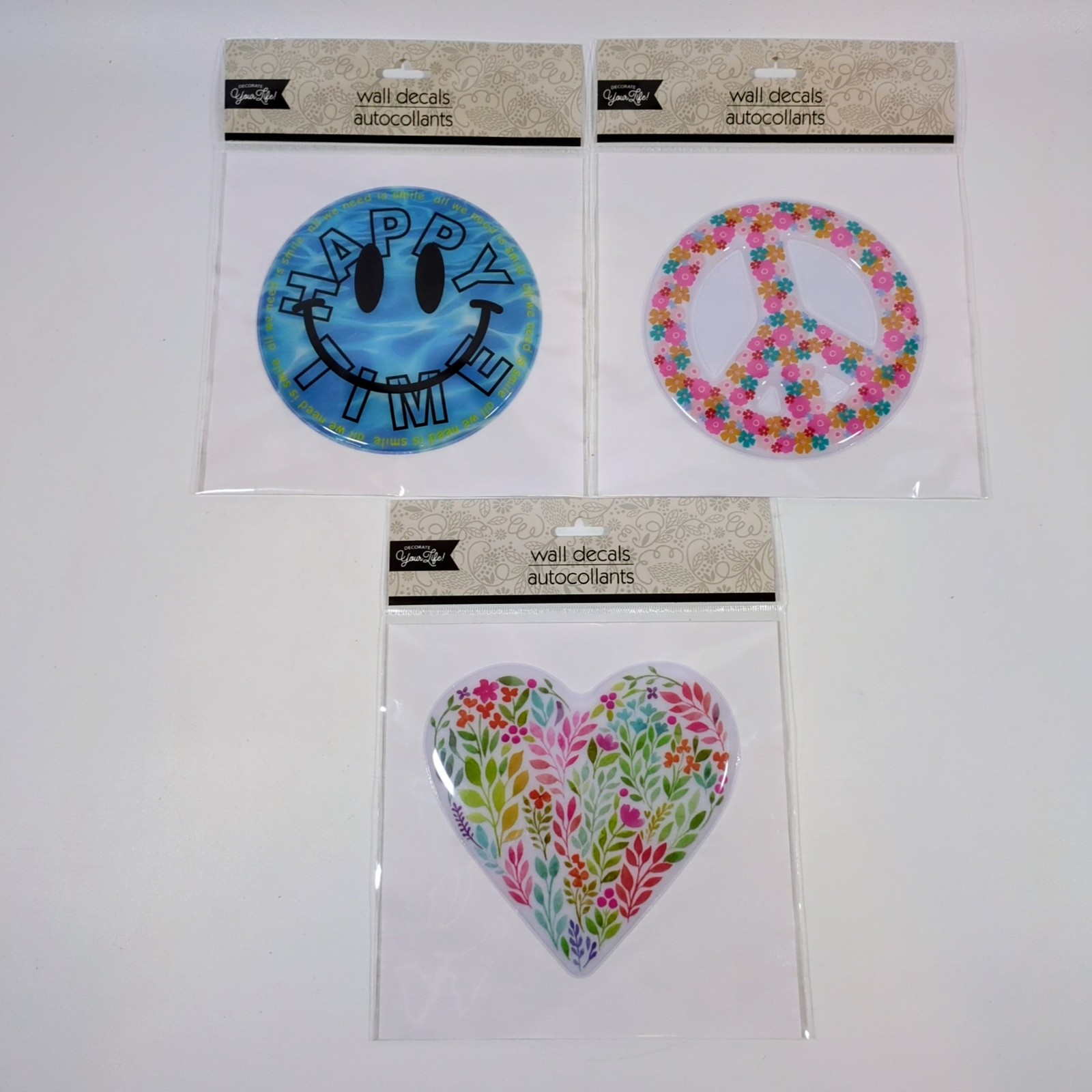 Lot of 3 Decorate Your Life Wall Decals – Happy Time, Peace Sign, Floral Heart