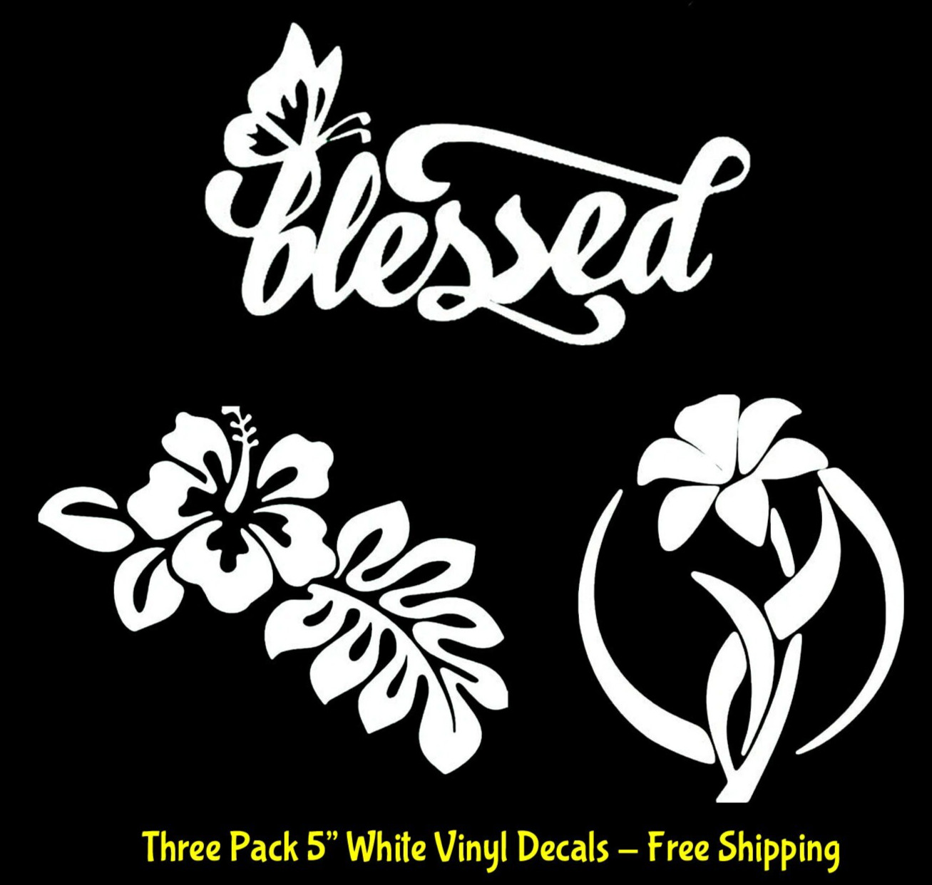 Blessed Butterfly, Liliy, Hibiscus Flowers White Vinyl Decals Car Window Mirror