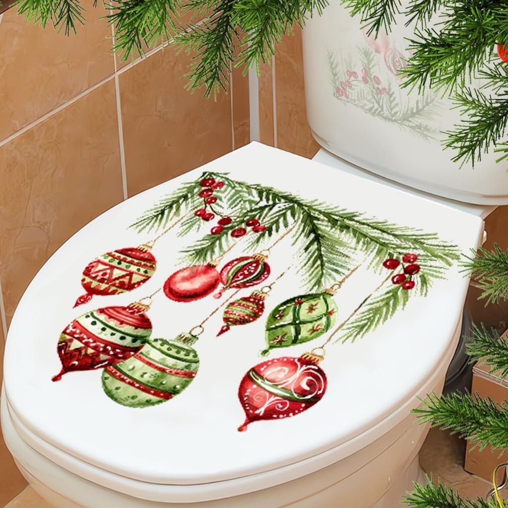 2Pcs Christmas Snowman Toilet Sticker Holly Colorful Balls Toilet Seat Cover