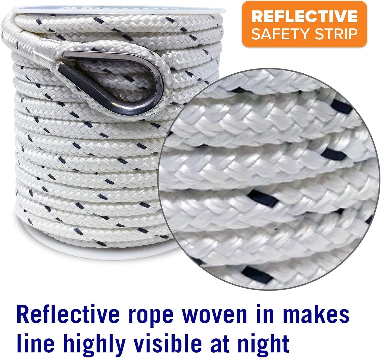 Premium Boat Anchor Rope, 100 Ft Double Braided Blue Nylon Marine Line, 3/8 Inch