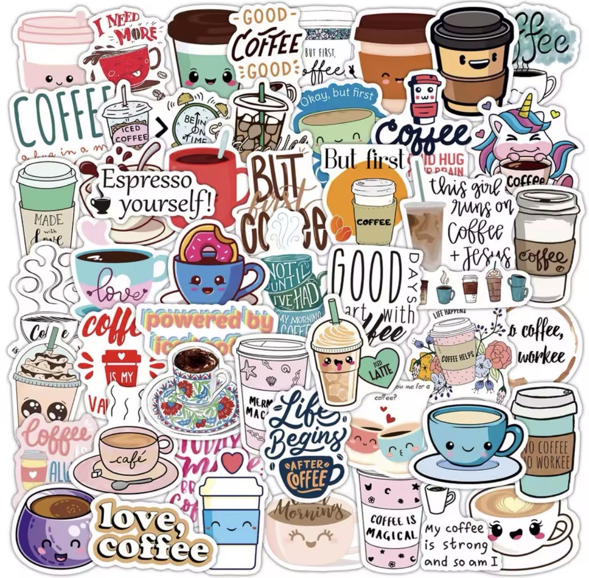 Coffee Fun Style Stickers 50pk Mixed Coffee Espresso Fun Stickers FREE SHIPPING