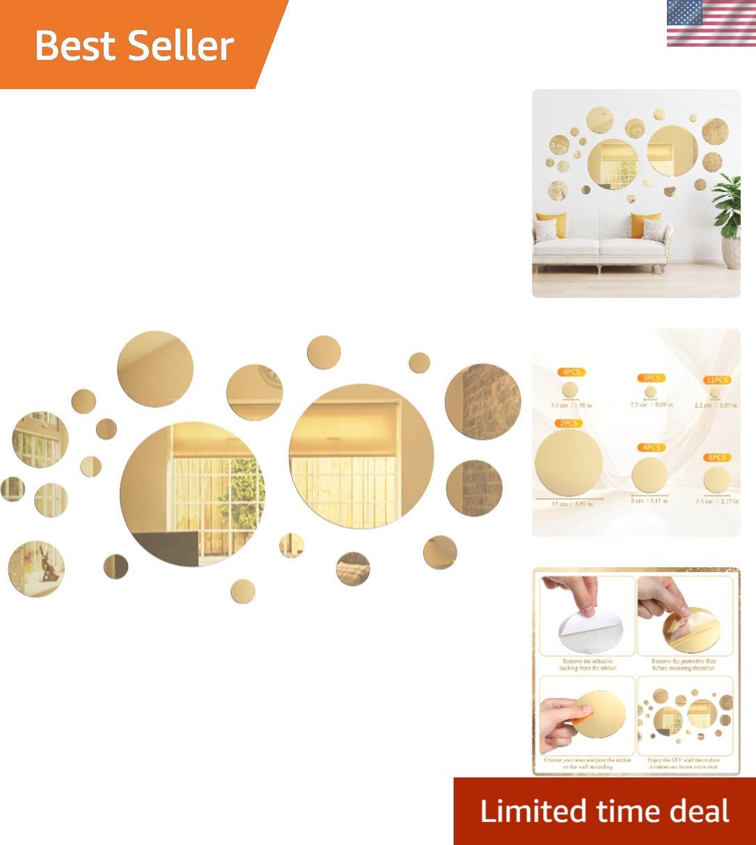 Gold Round Acrylic Mirror Wall Stickers: 32 Decorative Pieces for Unique Style