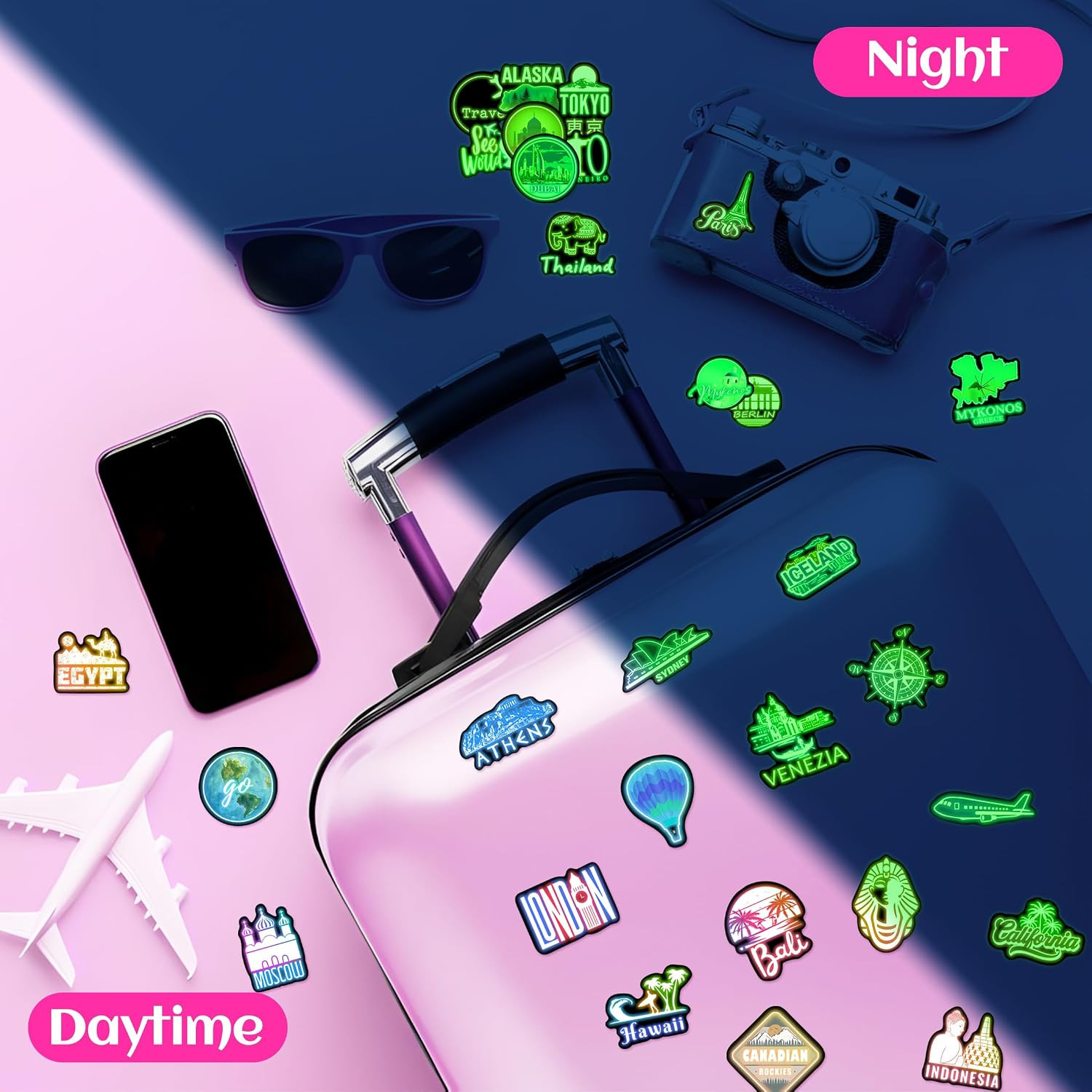 Glow in the Dark Neon World Featured Architecture Stickers for Water Bottle, 50