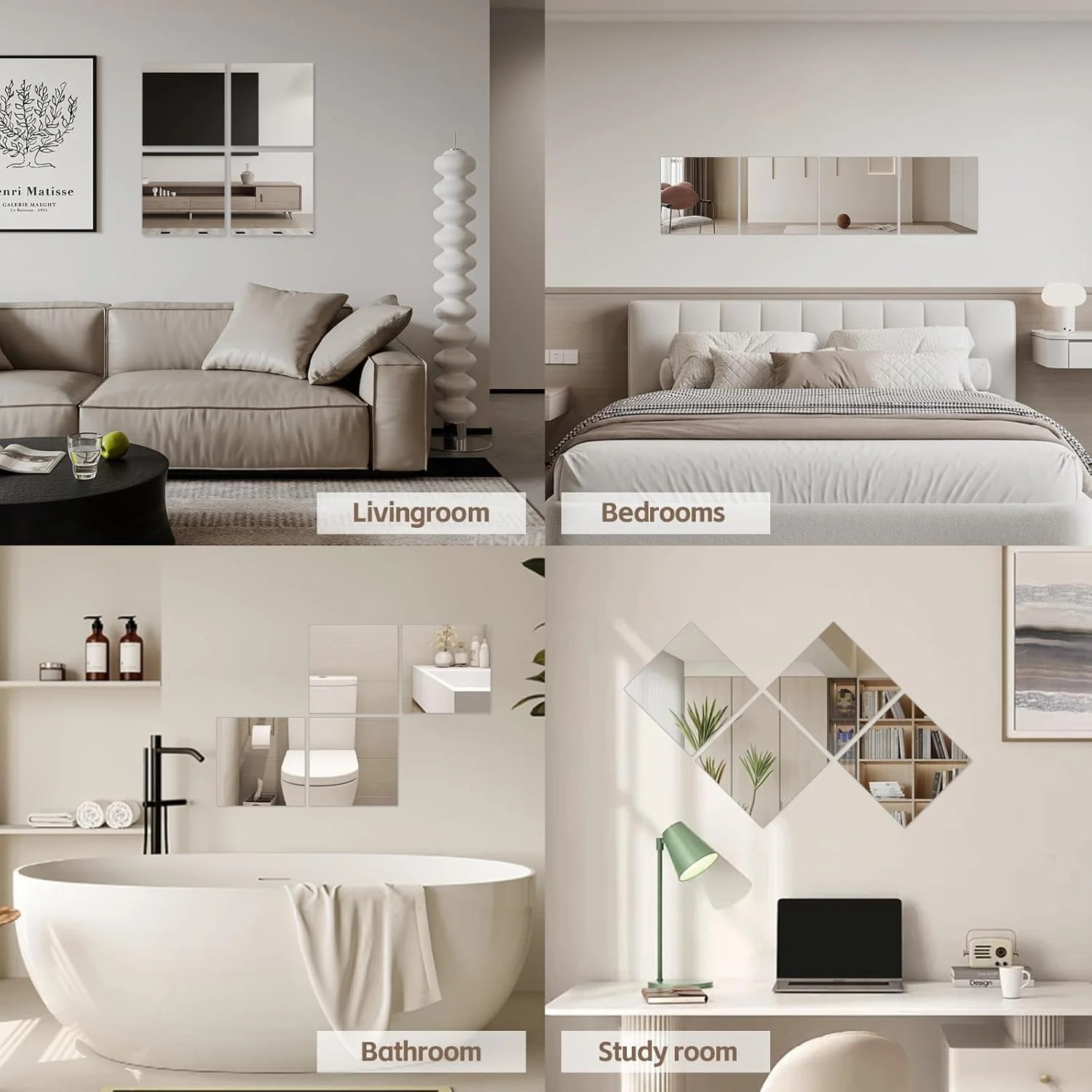 Abyssaly Mirror Stickers for Walls 4 Packs Self Adhesive Stick on Mirrors Tiles