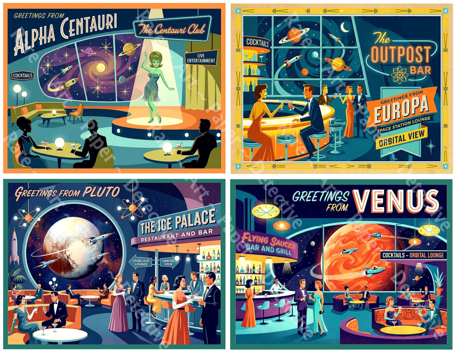 Space Adventure Bar Stickers, Mid-Century Modern, 4 Labels on 1 Sheet, 1543