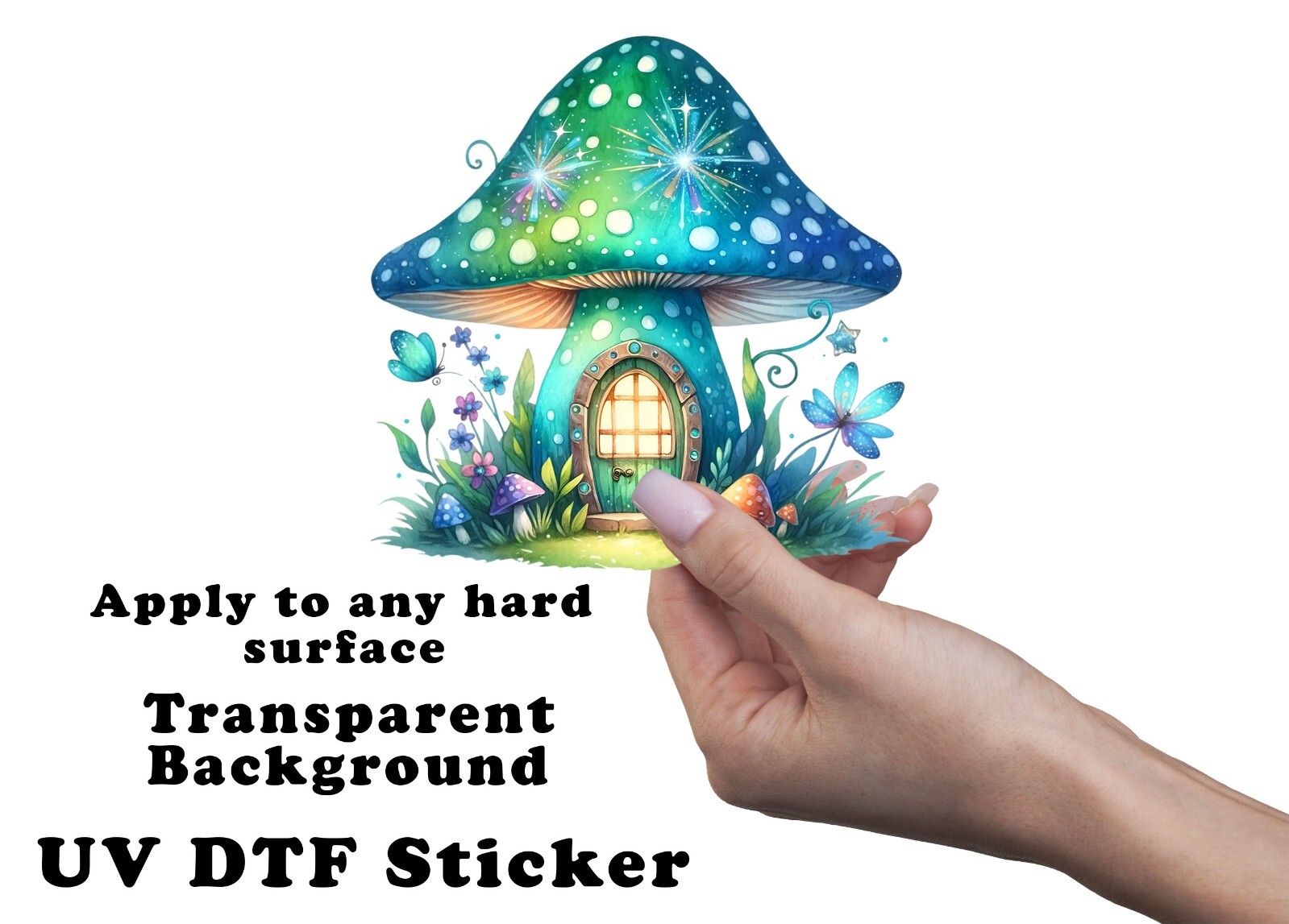 Blue Green Mushroom Fairy House UV DTF Transparent Sticker / Decal