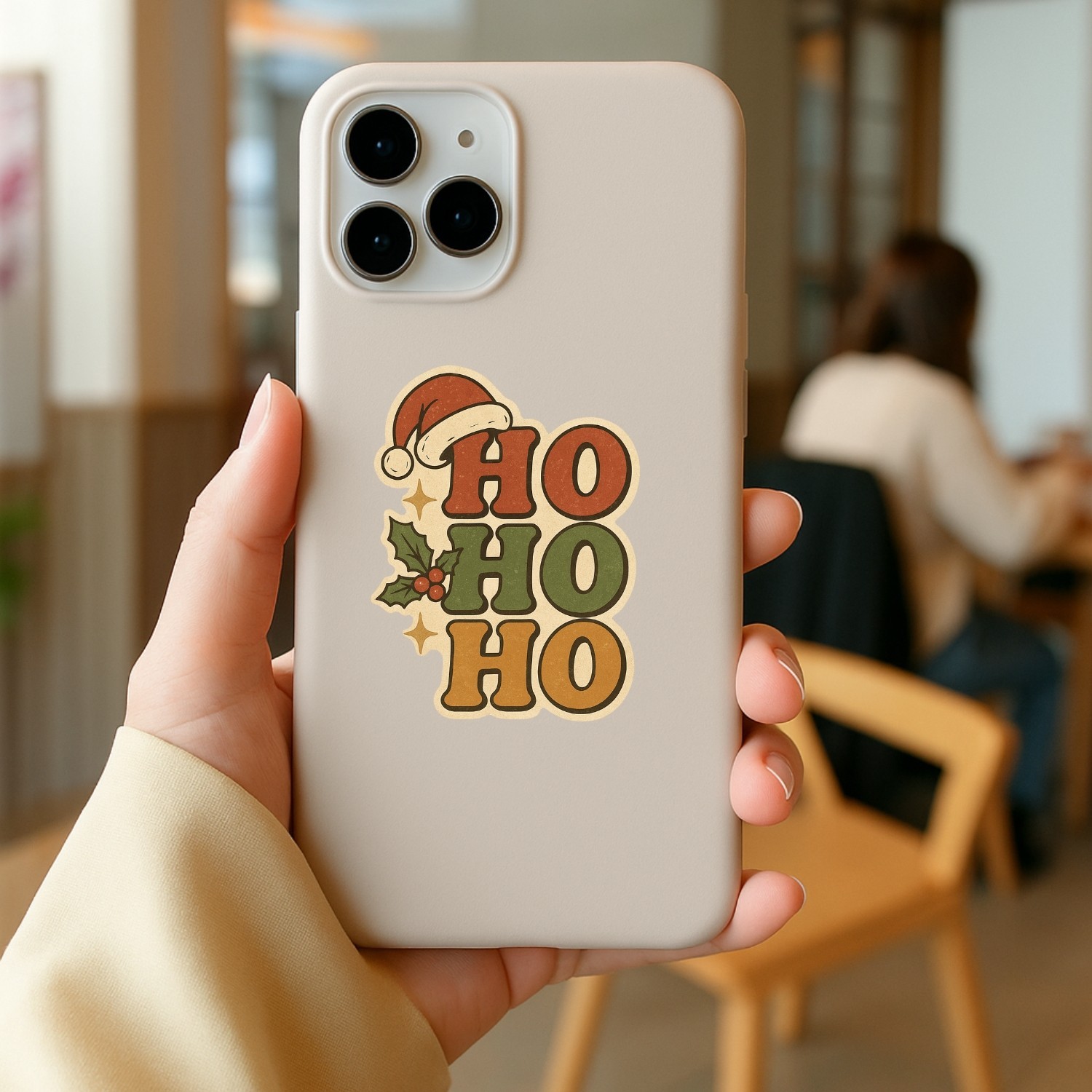 4PCS “Ho Ho Ho Christmas” Stickers – Vintage Santa Hat & Holly Berry Holiday Gif