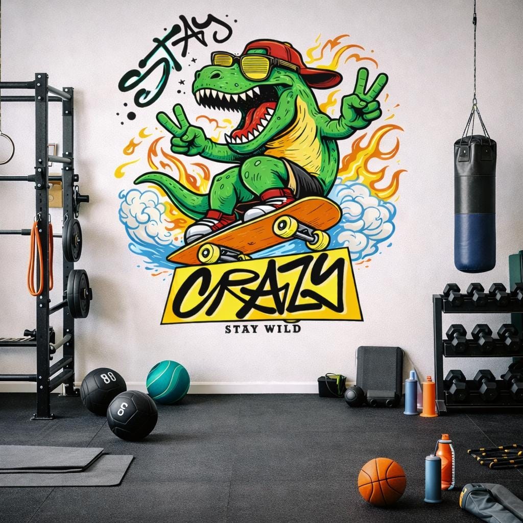 Skateboarding T-Rex Decal | Stay Crazy Dinosaur Sticker