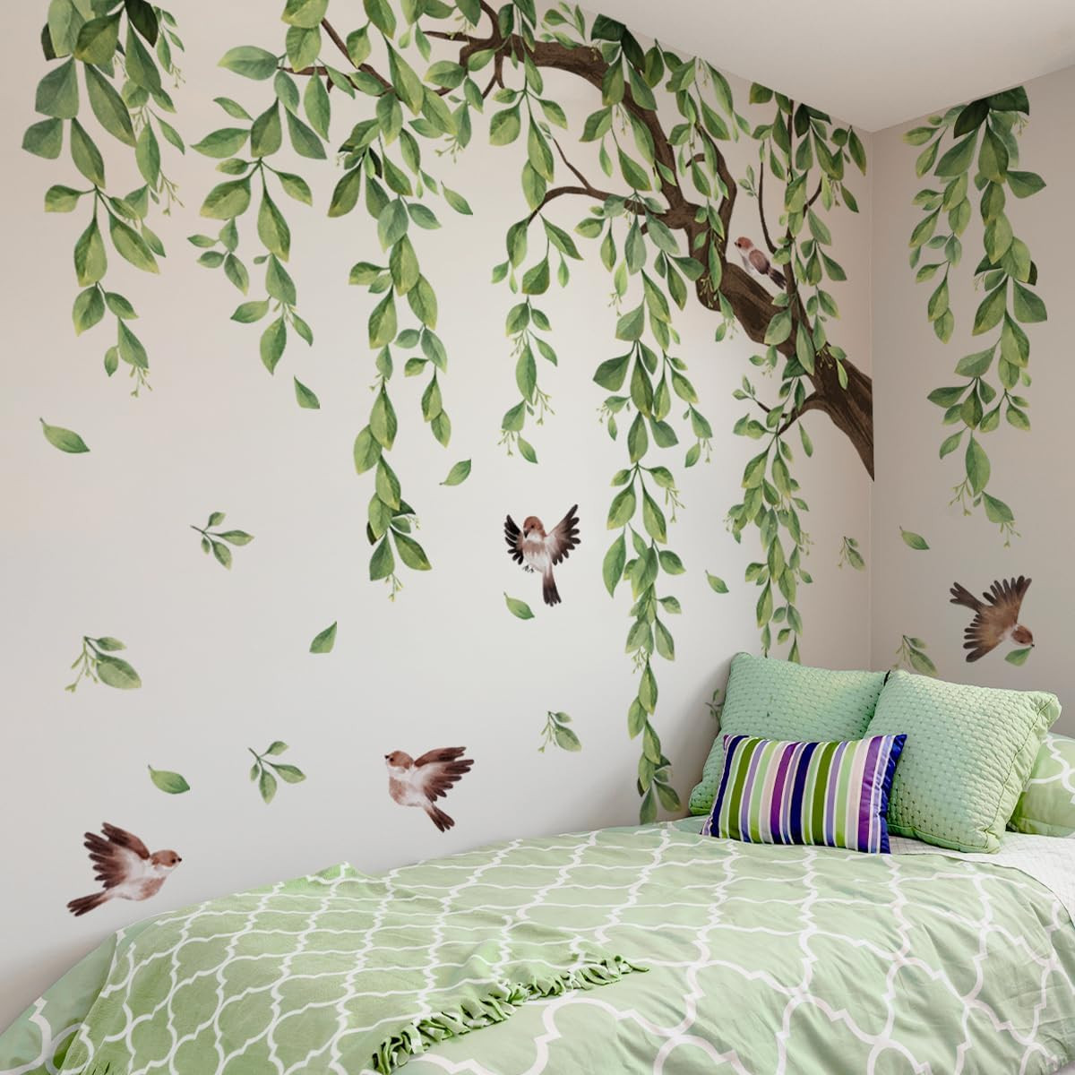 Large Tree Wall Decals Green Plant Hanging Vine Leaves Wall Stickers for Living