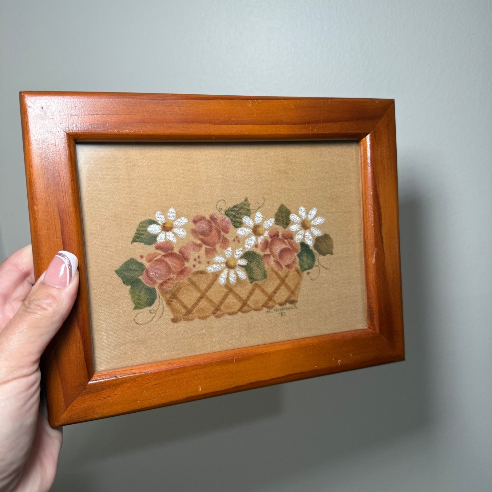 Vintage 1983 Theorem Painting Folk Art Roses Daisies Basket Signed M Hornbeck
