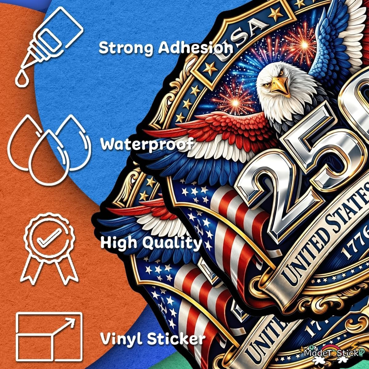USA 250th Anniversary 1776-2026 Eagle Patriotic 2-Pack Vinyl Sticker Decal 5"x5"