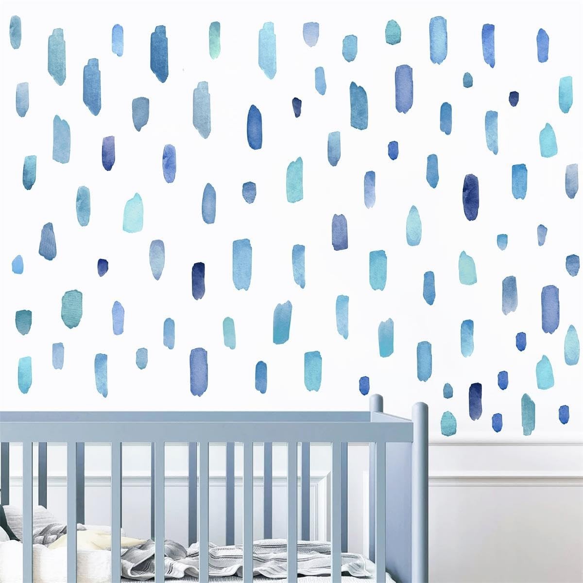 Boho Watercolor Wall Stickers – Removable Blue Stripes Decals for Kids' Room, Nu