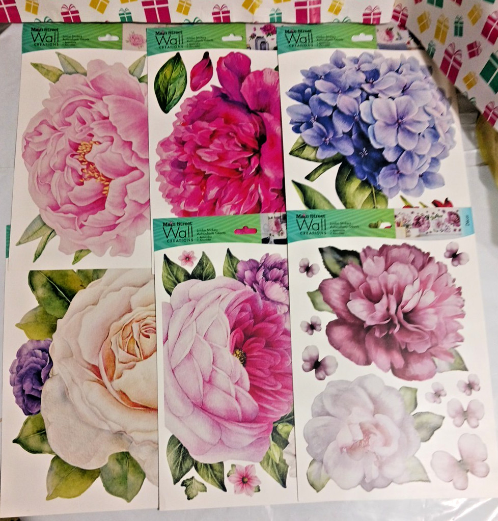 Wall Decal stickers Jumbo 10" Flowers. Rose + Pink. 6 sets Peel and stick floral