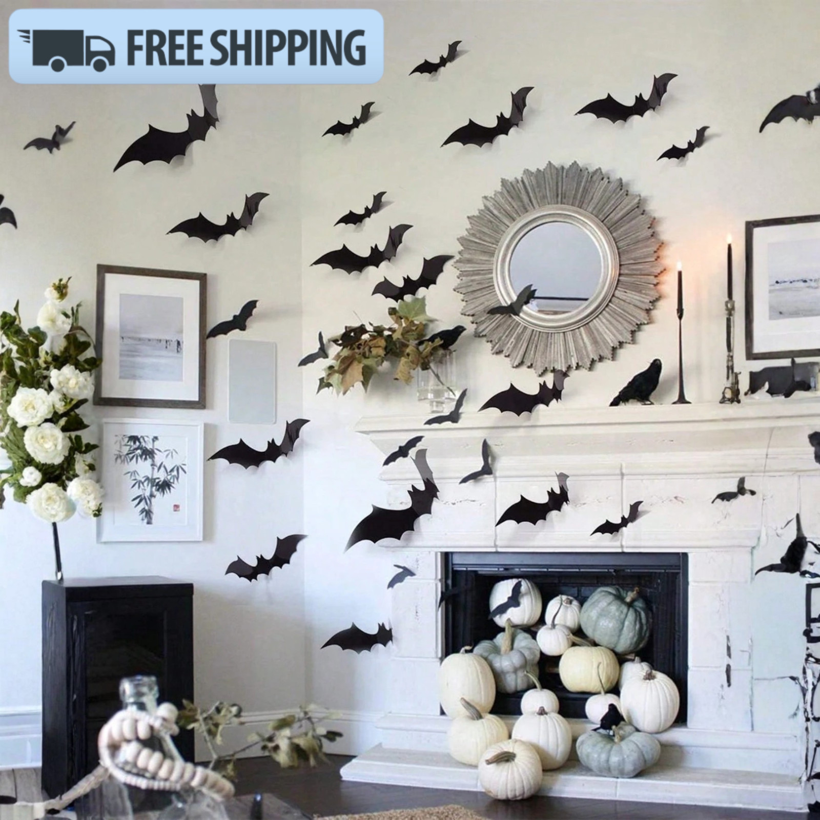 120/60pcs Halloween Bat Stickers 3D Black Stereoscopic Wall Decor Decals 4 Size