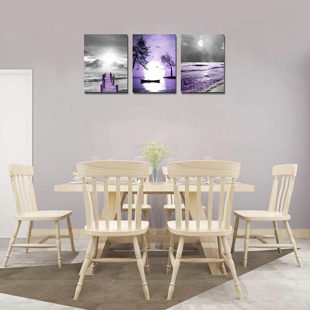Elegant 3-Piece Framed Canvas Art Set – Modern Landscape in Purple Hues