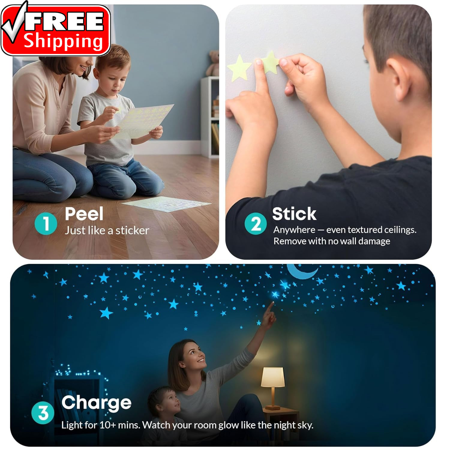 Glow in the Dark Stars for Ceiling, 1050 Pcs with Moons & E-Book (Blue)