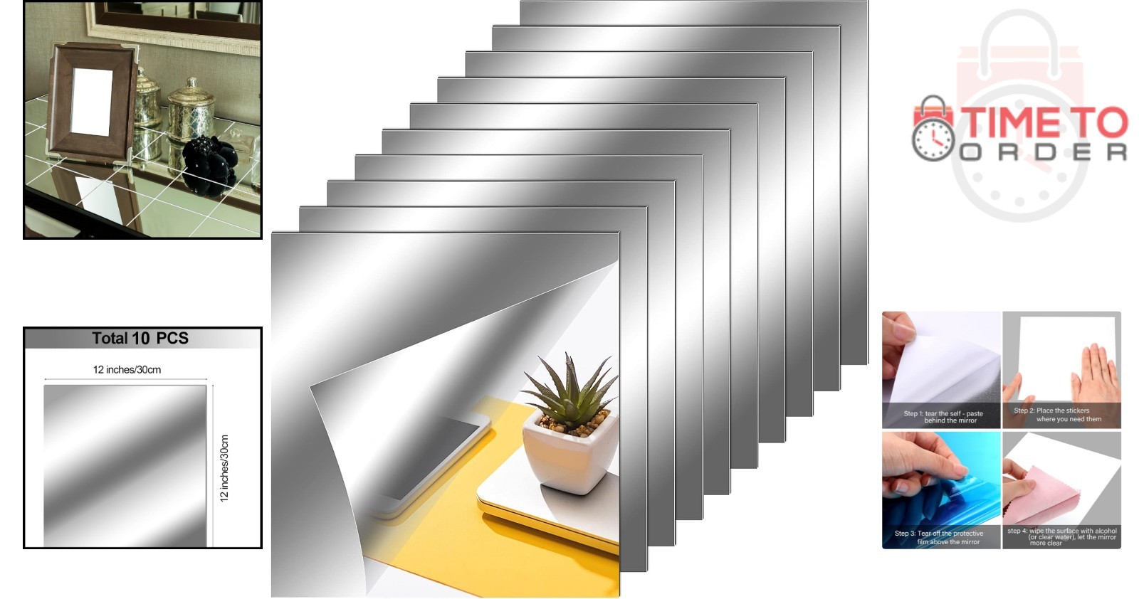 Self Adhesive Mirror Tiles 12×12 Inches 10 Pieces Home Wall Decor