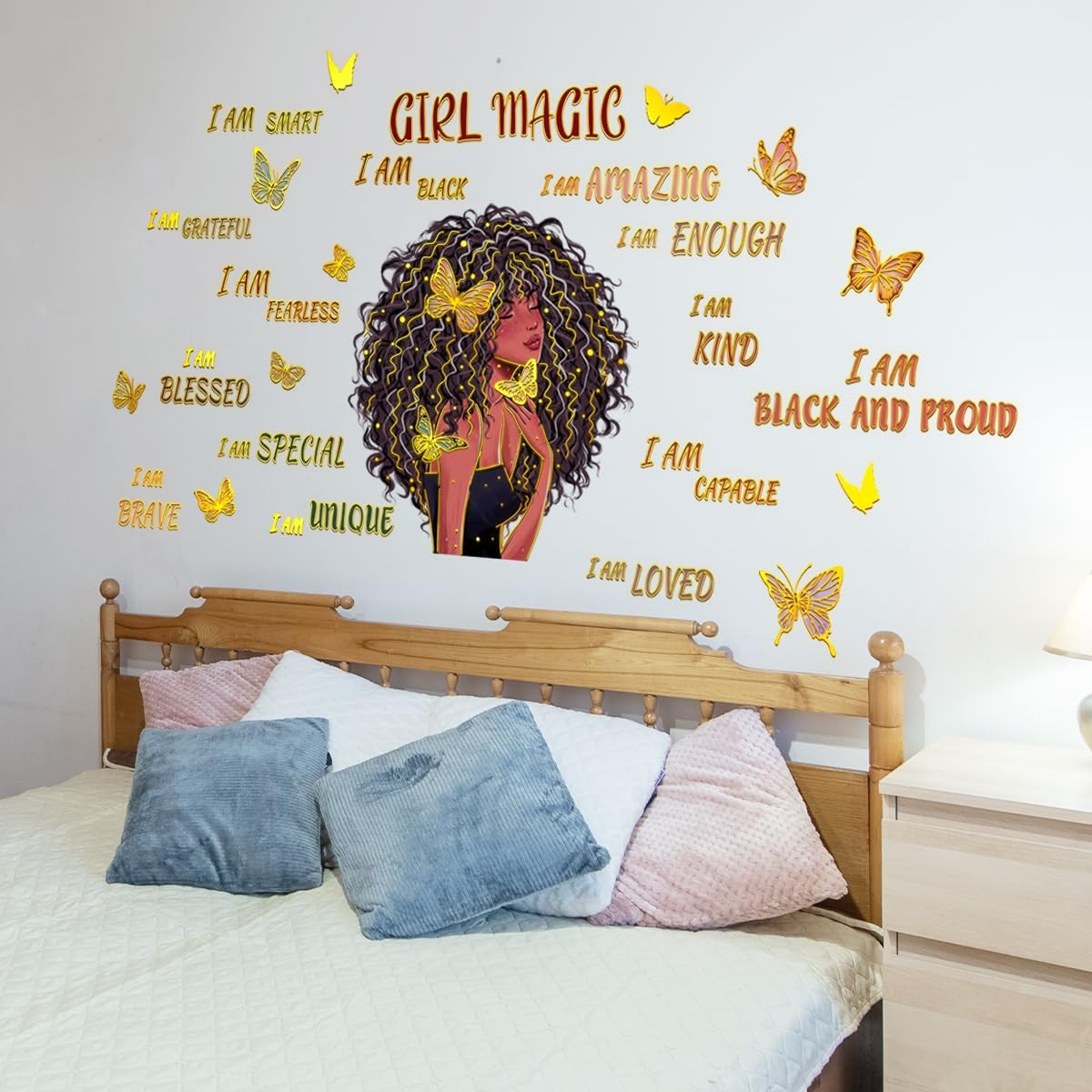 Black Girl and Butterfly Wall Stickers Motivational Quote Wall Decal Gold-Pla…