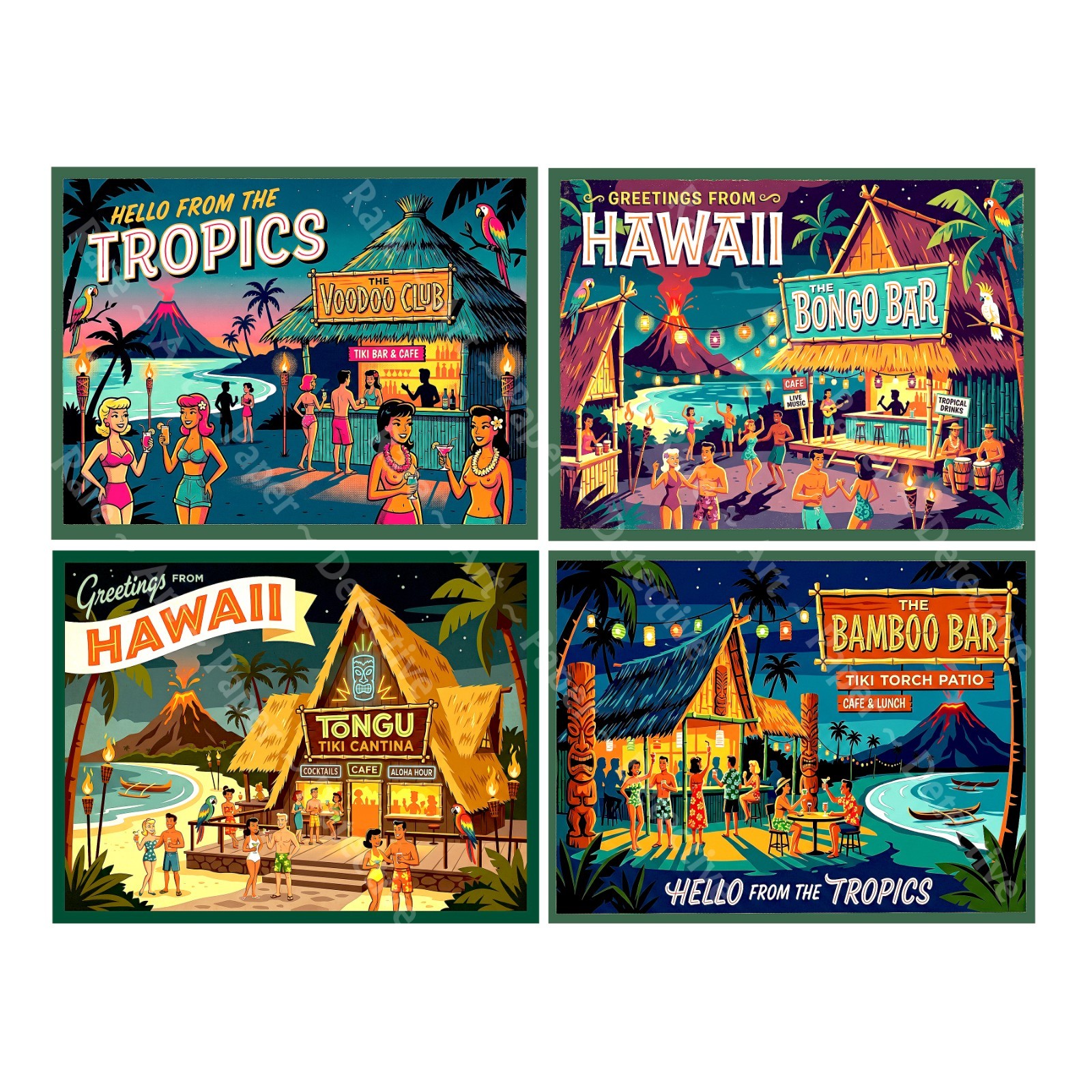 Hawaii Tropical Tiki Bar Stickers, Mid-Century Modern, 4 Labels on 1 Sheet, 1540