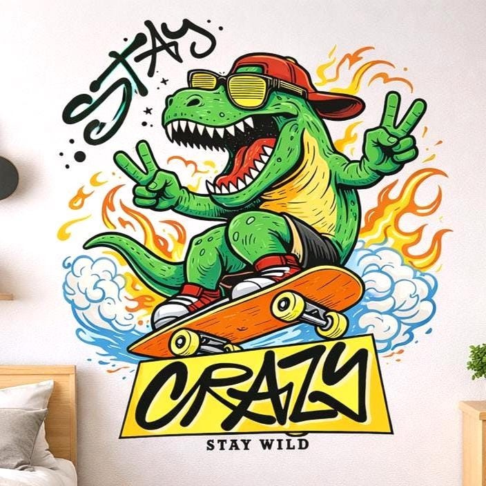 Skateboarding T-Rex Decal | Stay Crazy Dinosaur Sticker