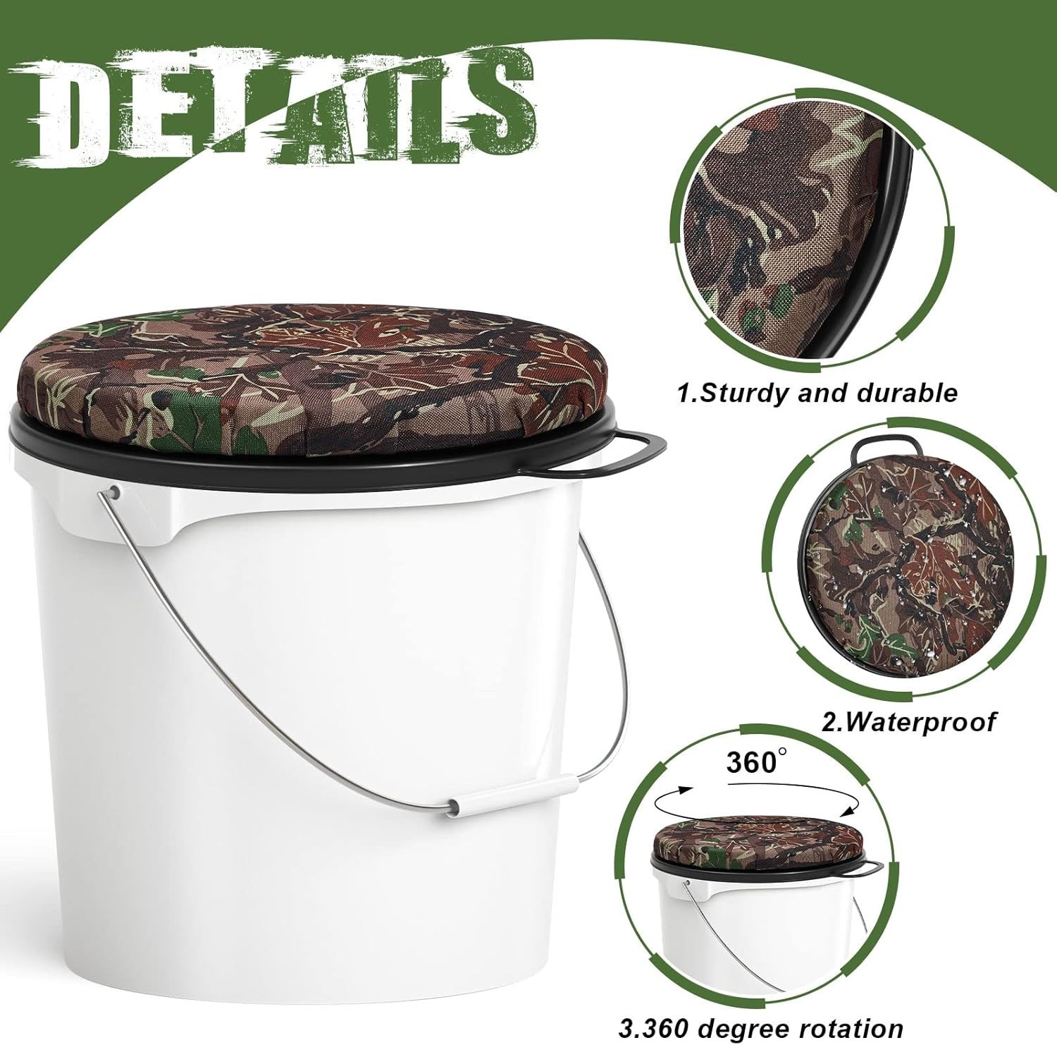 2 Pcs 5 Gallon Bucket Seats 360 Degree Swivel Bucket Seat Cushion Camouflage Ice