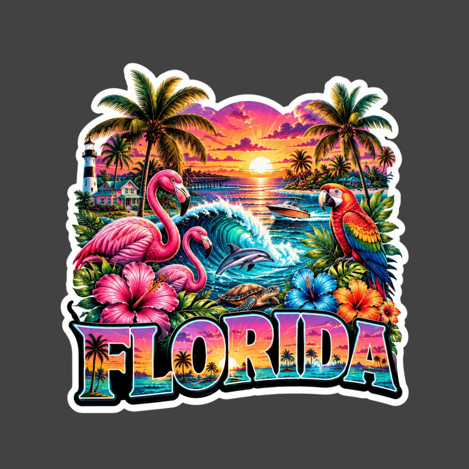 Florida Sticker Vinyl Decal Flamingos Parrot Dolphins Tropical Beach Paradise