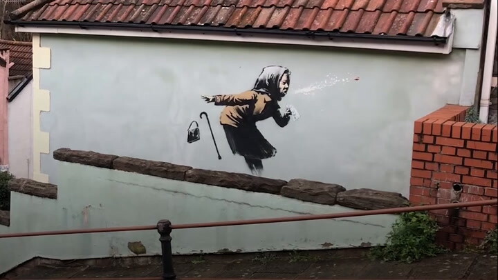 Banksy Sneezing Old Woman Vinyl Decal Sticker Black 30x16cm for Wall Car Laptop