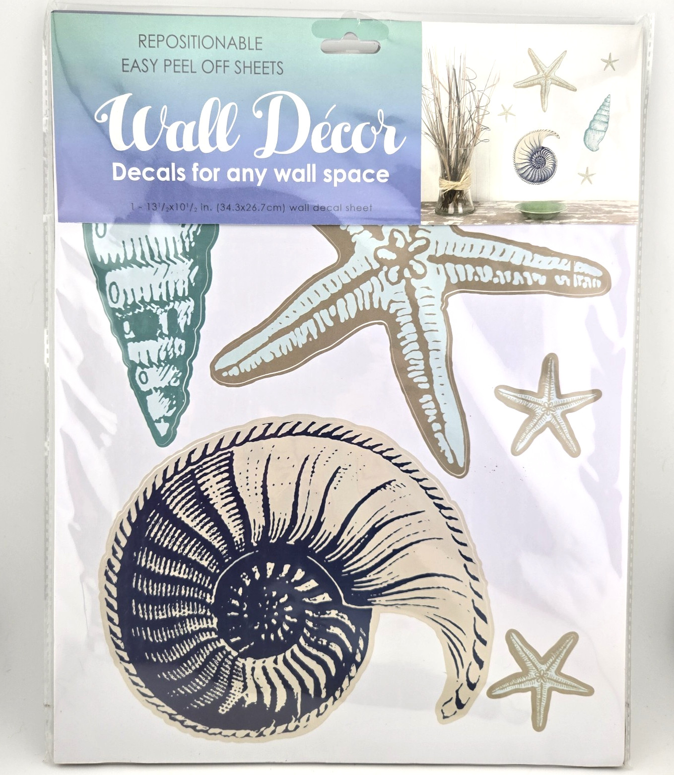 Wall Decor 6-piece Peel-off Sheets Sea Shells Beach Themed NEW SEALED