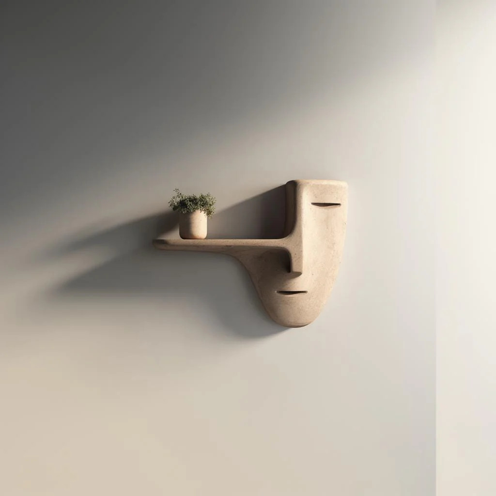 Modern Face Wall Shelf | 3D Printed Surreal Mask Sculpture with Floating Ledge
