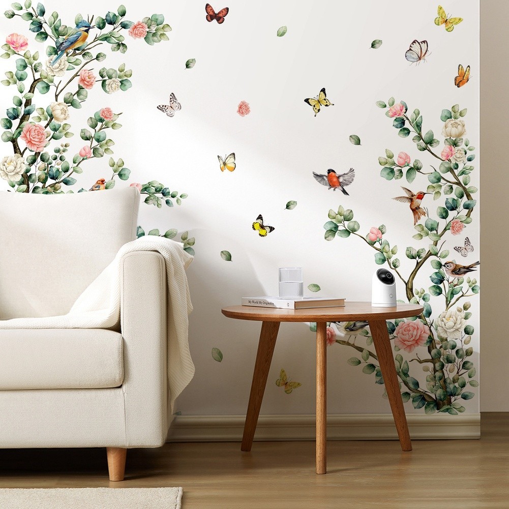 Elegant Flower Tree Branch Birds Butterflies Wall Sticker for Modern Home Decor