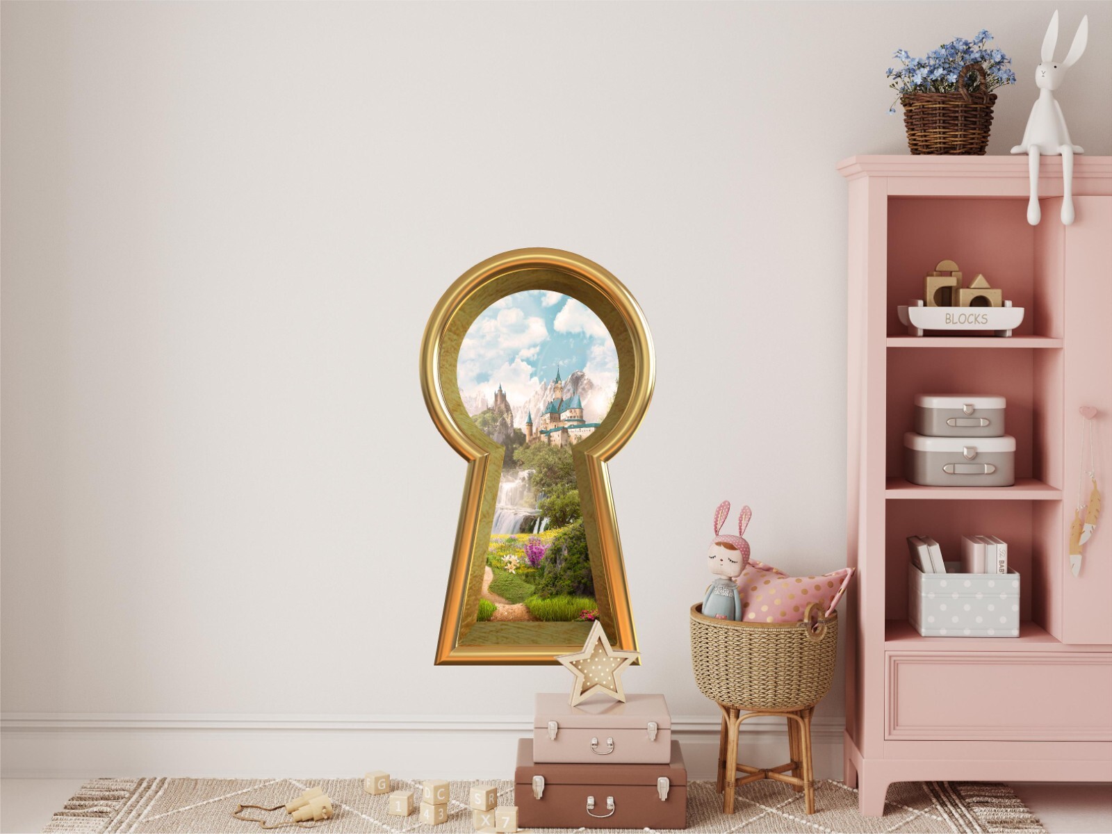 Keyhole Fabric Wall Decal Fairytale Castle Waterfall Mountain View Wall Sticker