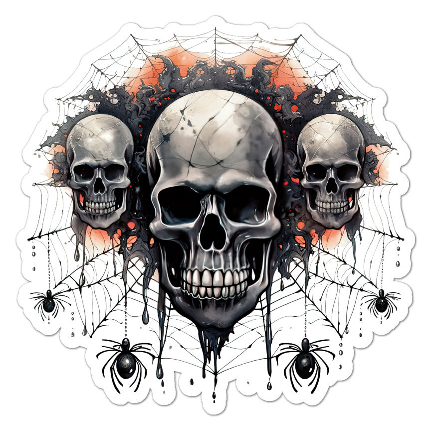 Spider Web Skull Halloween, Vinyl Decal Sticker, Indoor Outdoor, 3 Sizes, #11049
