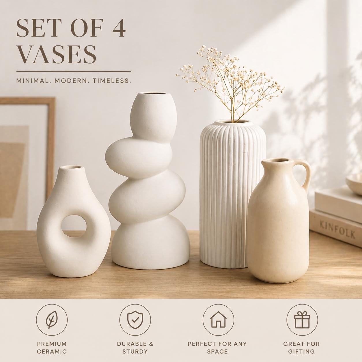 Set of 4 Ceramic Vases for Home Decor | White & Beige Modern Minimalist Vase Set