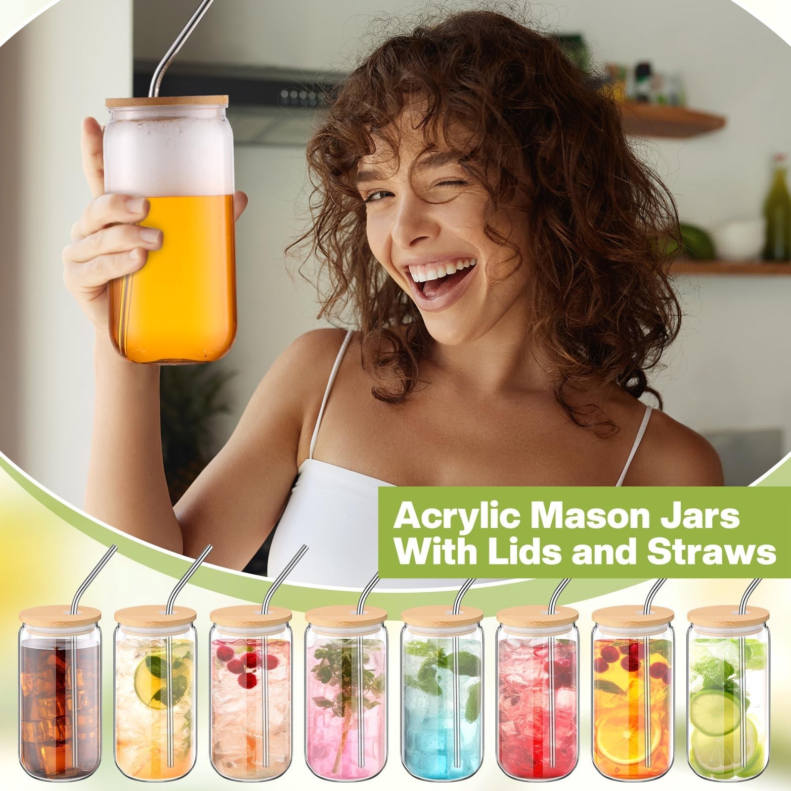8 Pcs 16 oz Plastic Cups with Lids and Straws Acrylic Mason Jars with Bamboo …
