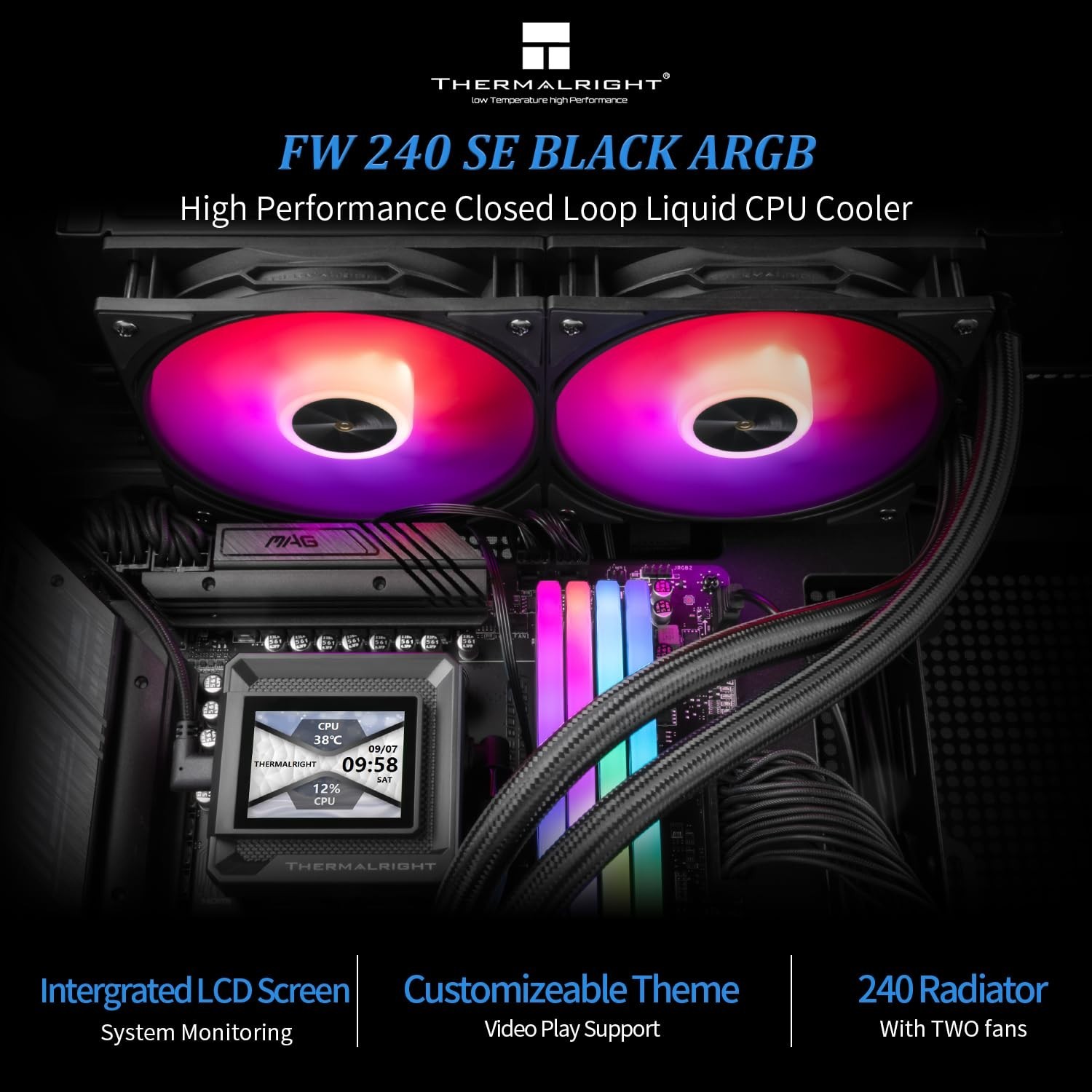 FW 240 SE ARGB Black-Aio CPU Liquid Cooler,Ips LCD Screen with 320 * 240 Resolut