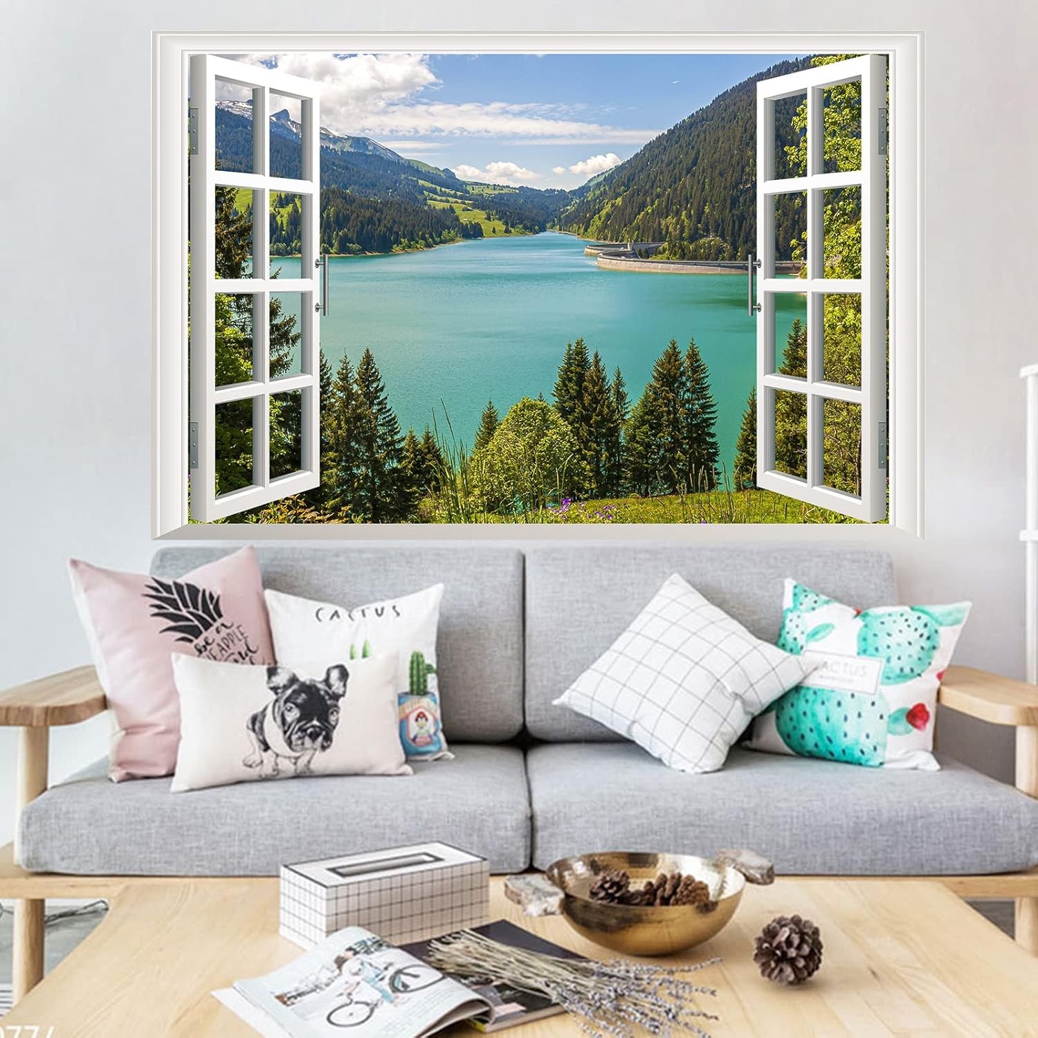 3D Lake View Fake Window Wall Stickers, Nature Mountain Forest Lake Mural, Wall