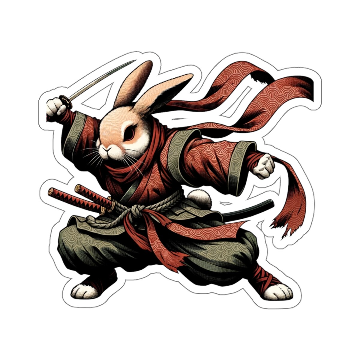 Fun Sticker Ninja Bunny Art Ukiyo-e Inspired Warrior Rabbit 2×2" 3×3" 4×4" 6×6"