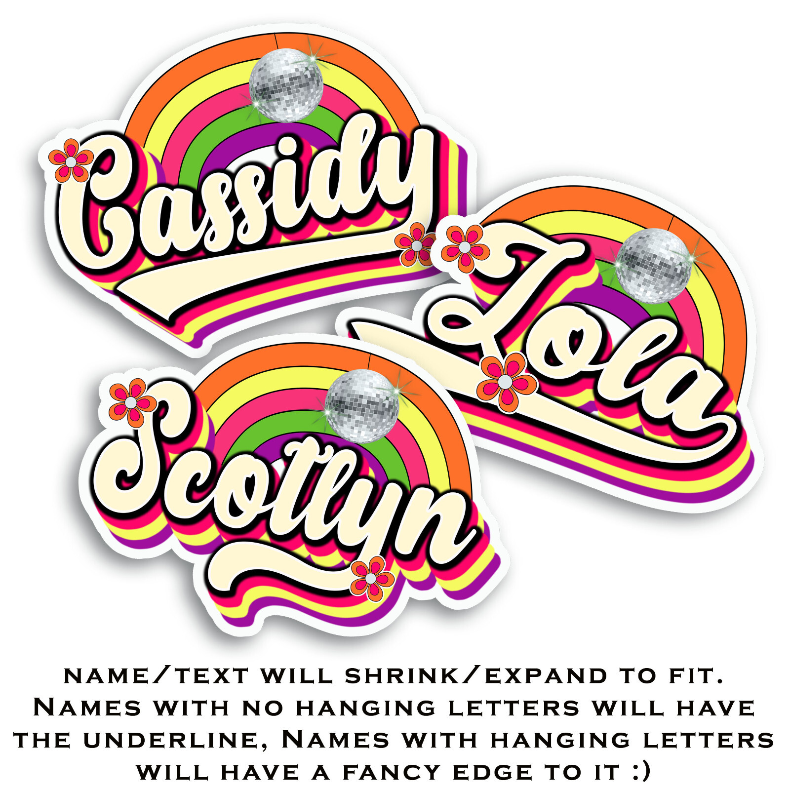 Custom Name Sticker, Personalized Decal, Retro Hippie, Groovy Rainbow Disco Ball