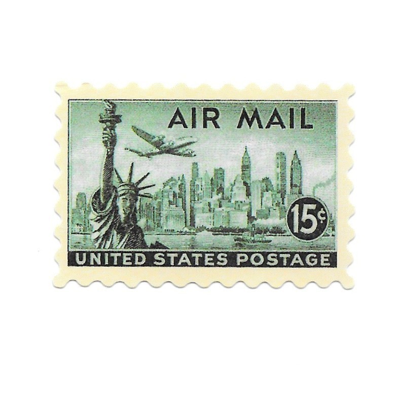 Vintage US Air Mail Stamp Sticker Lockheed Constellation NYC Skyline 15c Decal