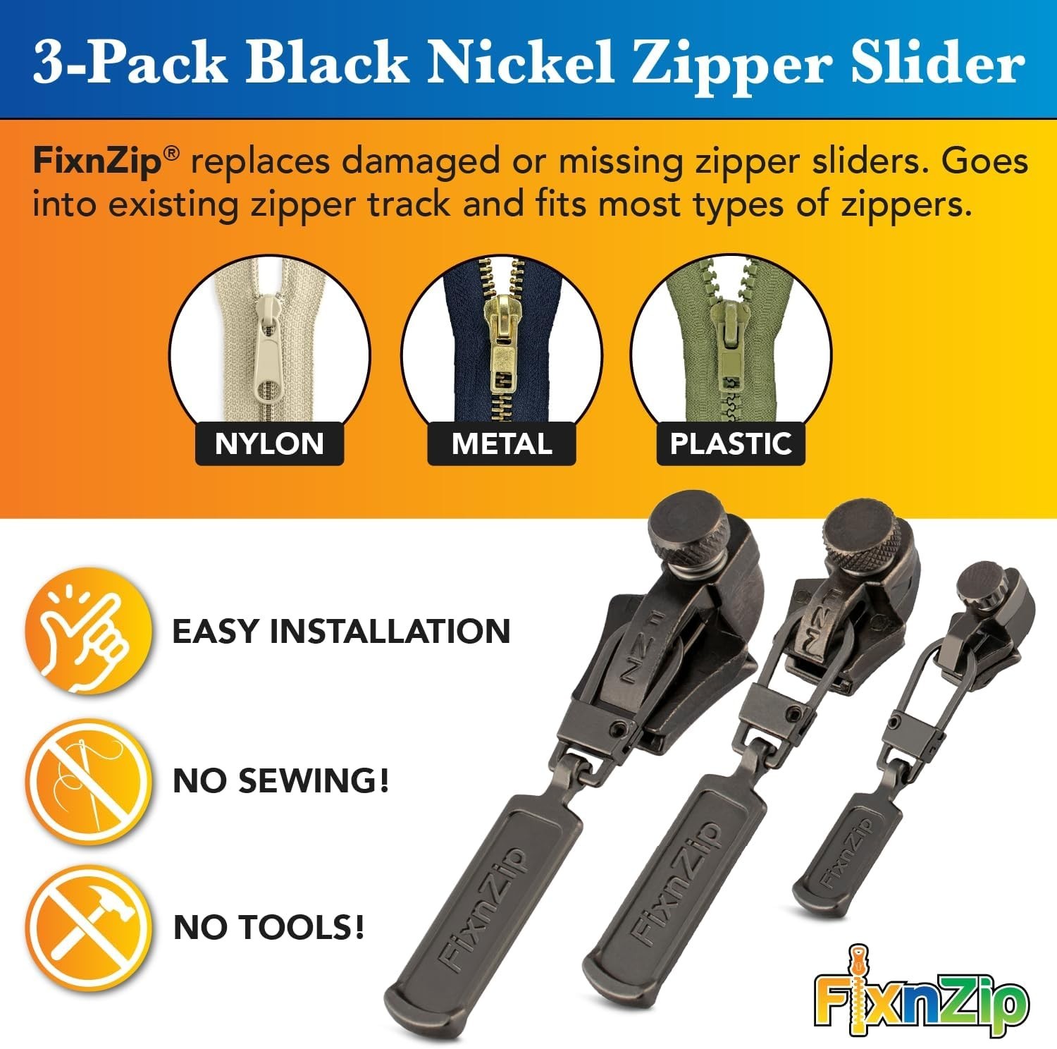 Fix n’ Zip Universal Zipper Repair Kit – Black Nickel, 3 Sizes for Quick Repairs