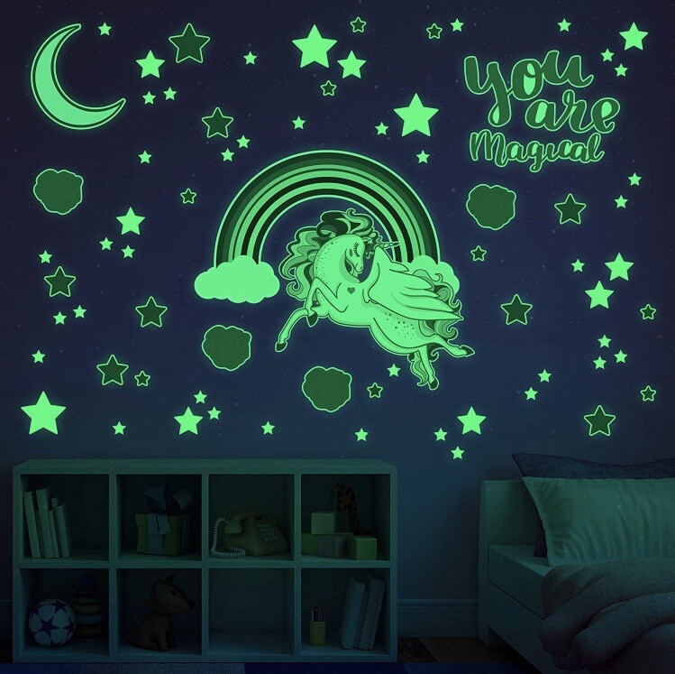 Unicorn & Stars Glow In The Dark Wall Stickers For Kids Baby Bedroom NIP