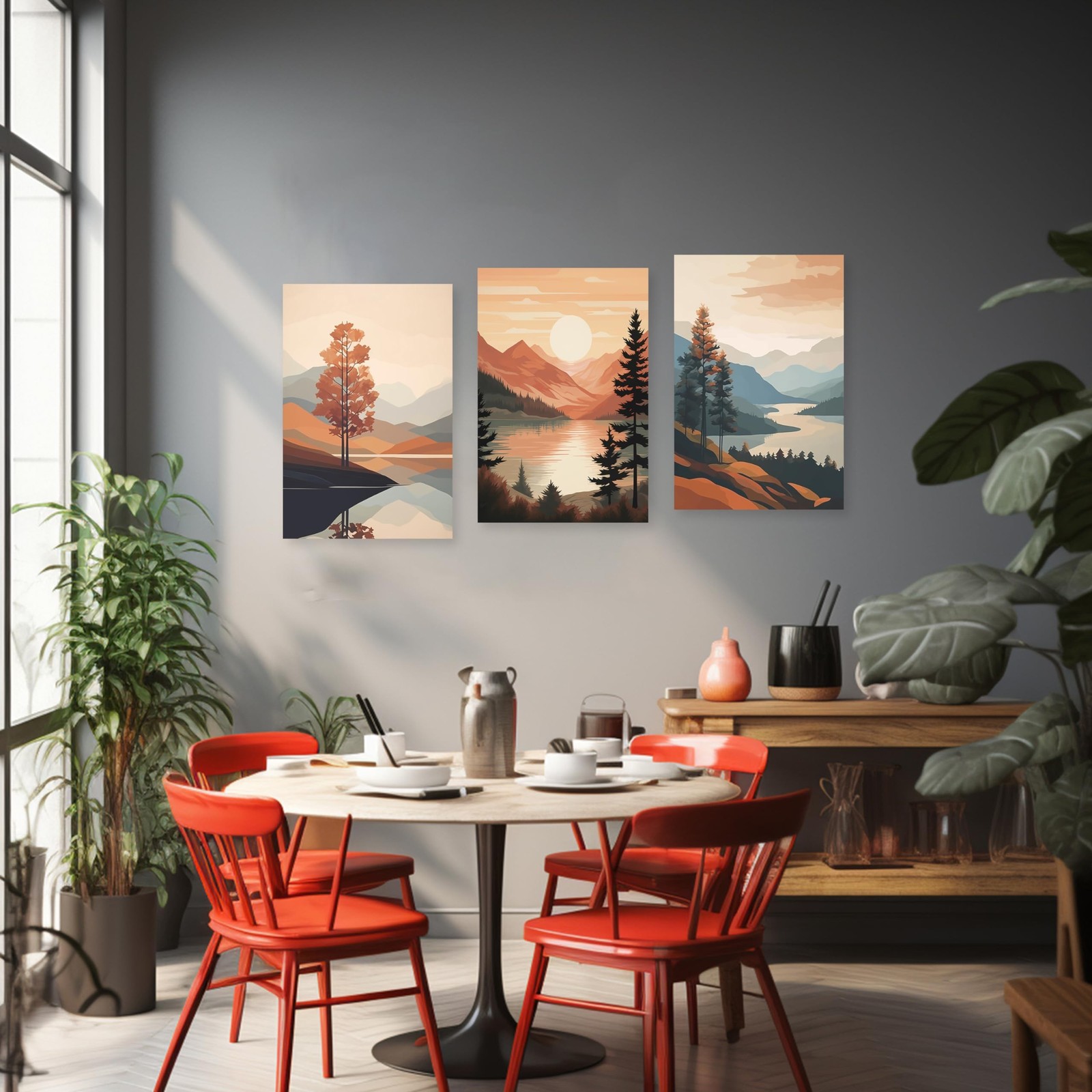 ARTZGX Boho Canvas Wall Art 3 Piece Minimalist Bohemia Picture Sunrise Mounta…