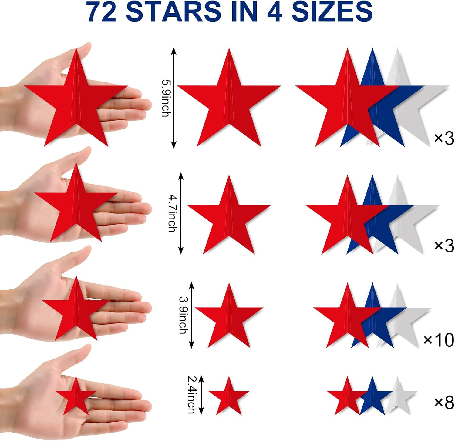 72Pcs 3D Patriotic Wall Stickers Red Blue White Star Window Decals 4th of July R