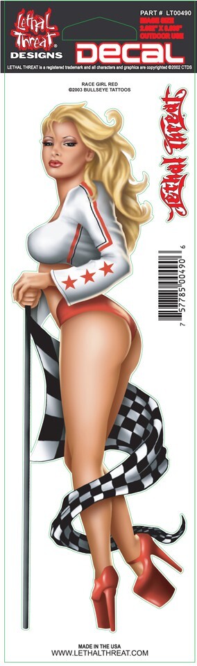 NEW LETHAL THREAT RACE GIRL RED DECAL STICKER 3"x10" LT00490