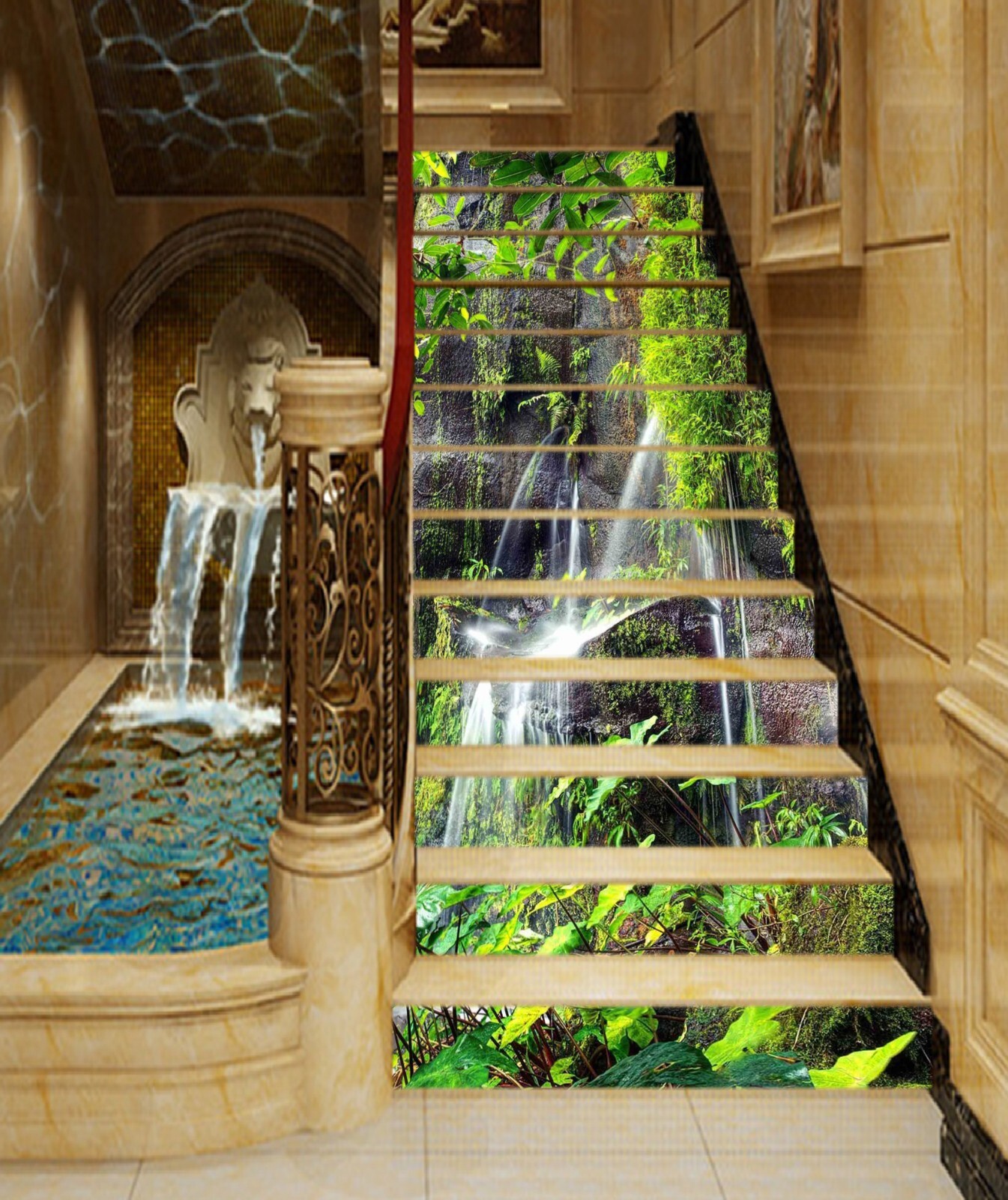 3D Green Leaves Stone AZ1064 Stair Risers Decoration Mural Vinyl Wallpaper Kay