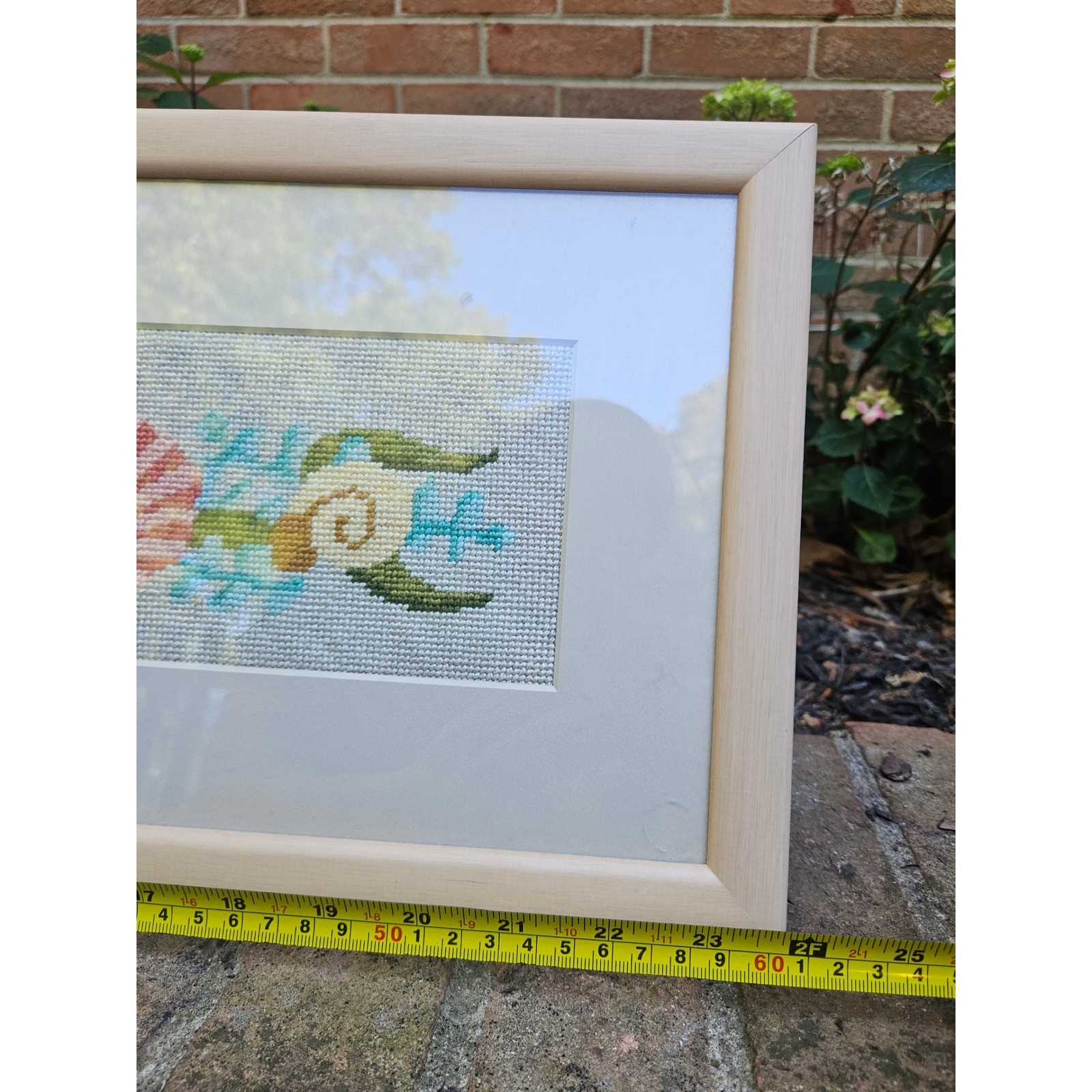 Vintage Matted & Framed Seashell Cross Stitch Art, 25" x 9.75" Ocean Beachhouse