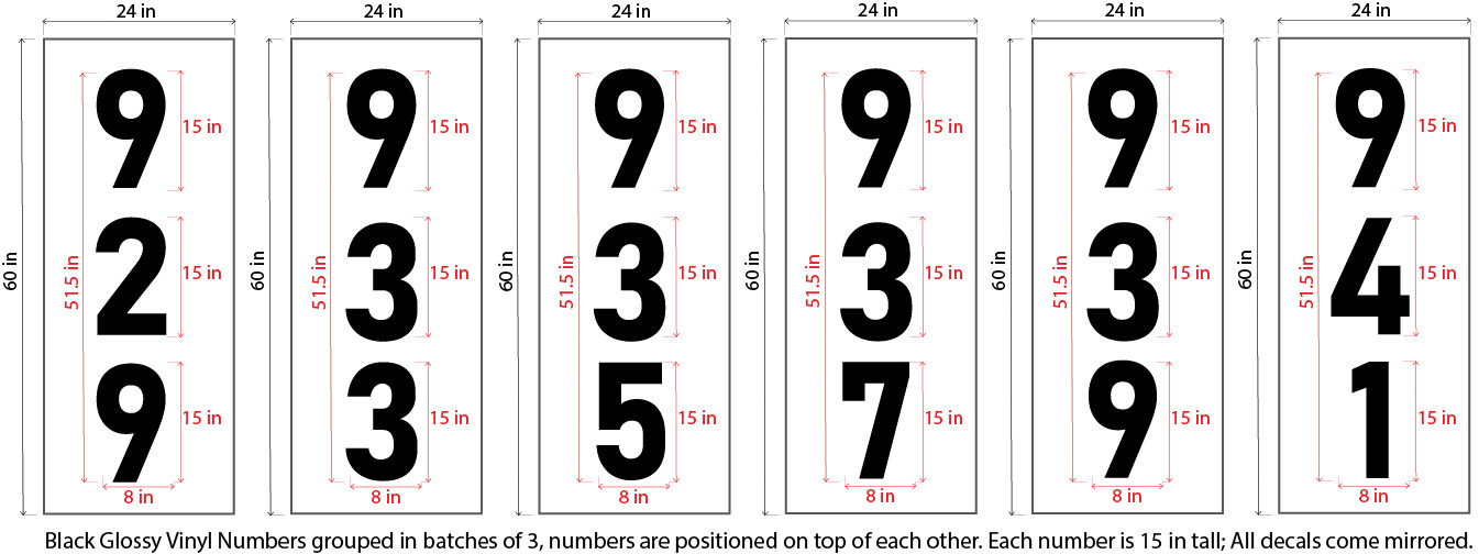 Railway bold – 6 groups of 15 in tall vinyl decal numbers – Made in USA