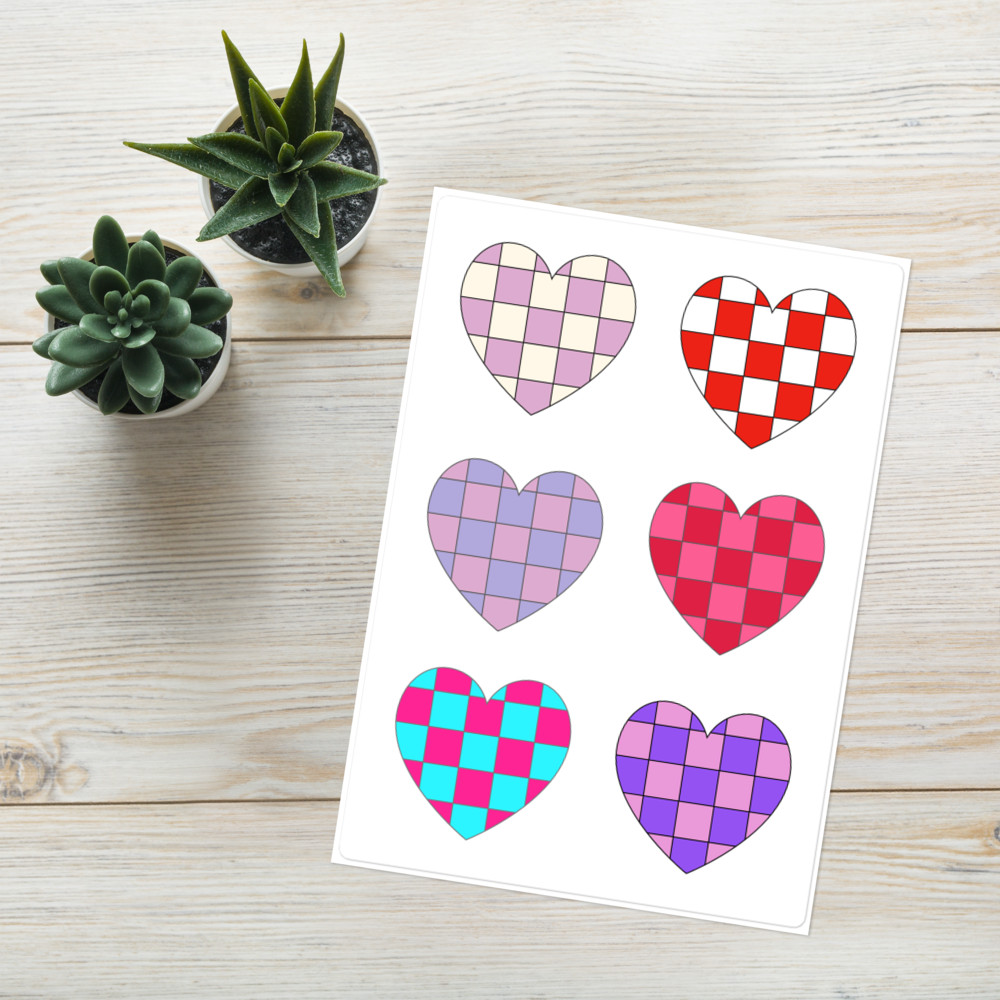 6 Retro Heart Stickers – Hearts Sticker Sheet – Multi-Colored